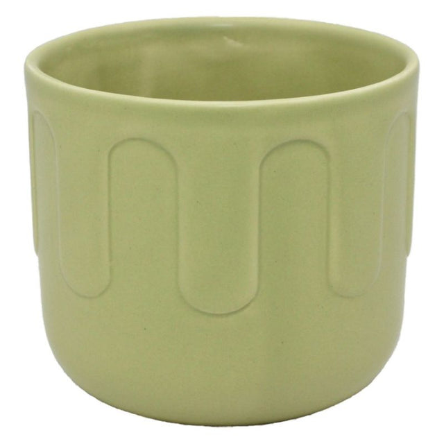 Round ceramic pot in matt green with drip pattern, perfect for succulents and small plants, measuring D13.2x11.4cmH.