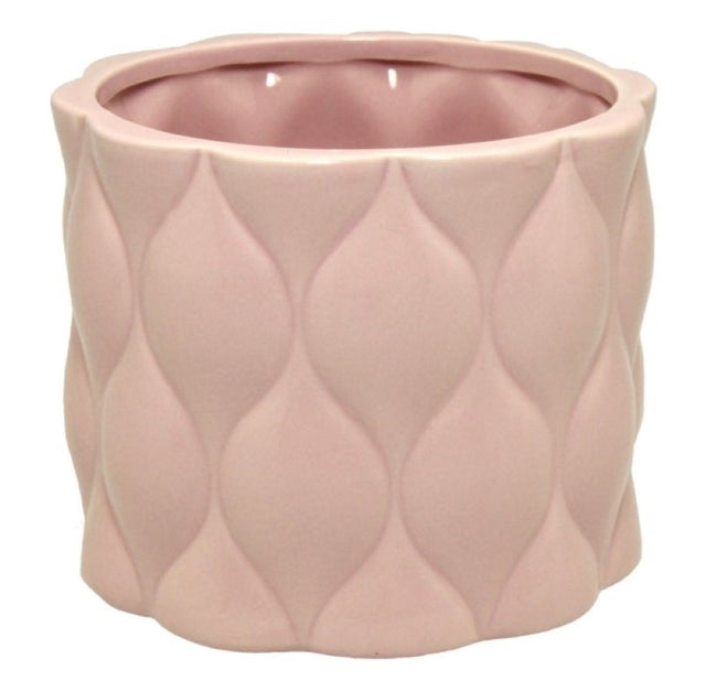 Round ceramic pot in smokey pink with diamond pattern, ideal for indoor plants and stylish home decor accent.