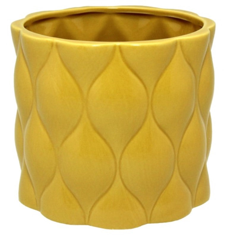 Round mustard ceramic planter with diamond pattern, perfect for indoor plants and home decor accents.