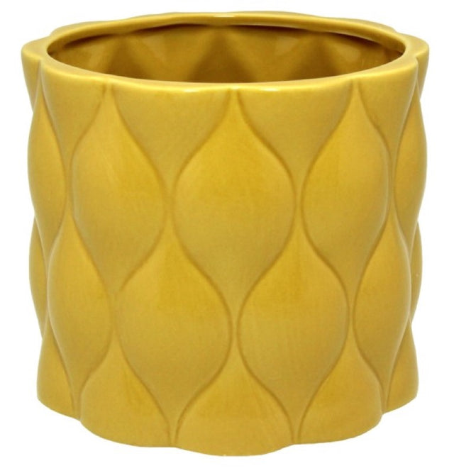 Round mustard ceramic planter with diamond pattern, perfect for indoor plants and home decor accents.