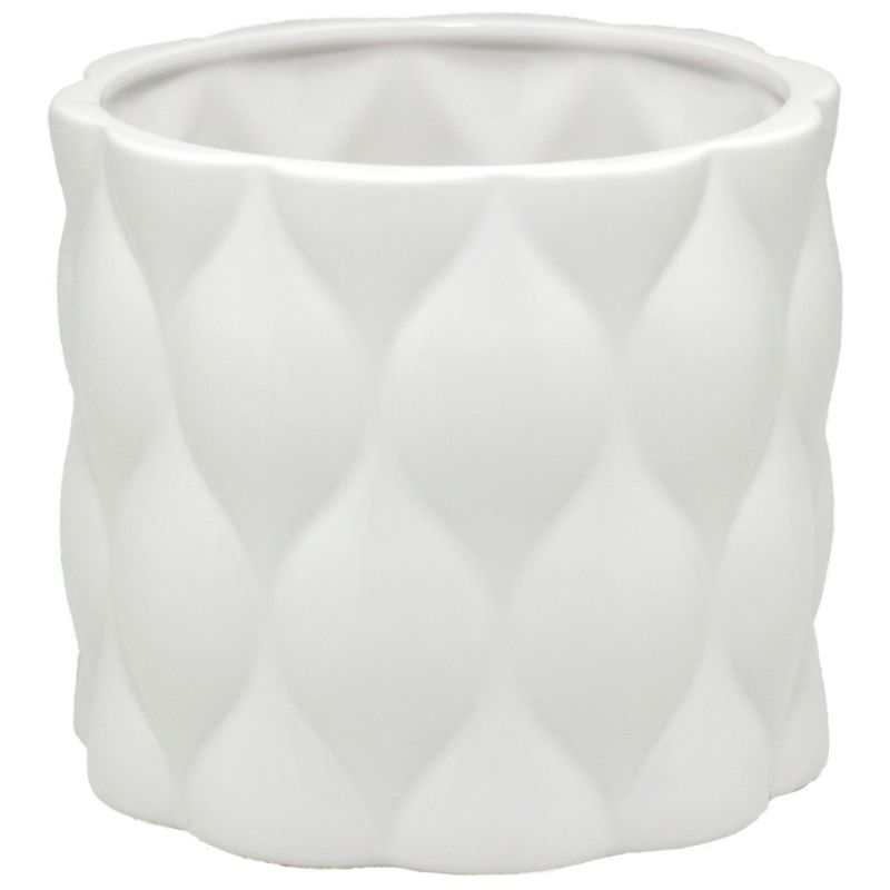 Round shiny white ceramic planter with a diamond pattern, perfect for showcasing indoor or outdoor plants.