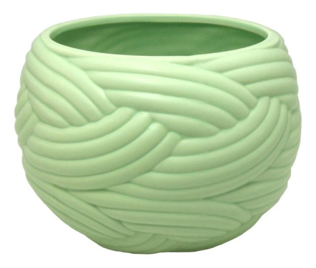 Ceramic fish bowl planter in sage with a weave pattern, perfect for stylish indoor or outdoor plant displays.