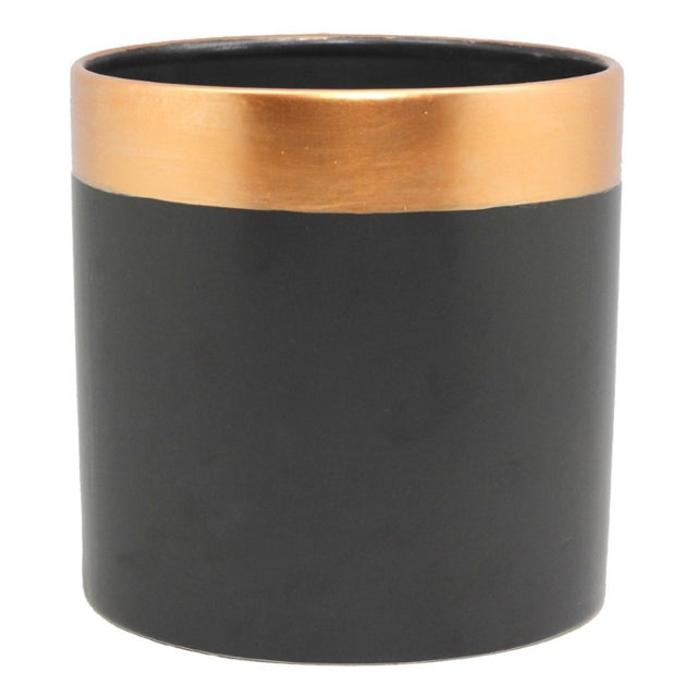 Two tone ceramic pot in matte black with copper rim, perfect for vibrant blooms or greenery, 18cm wide and high.