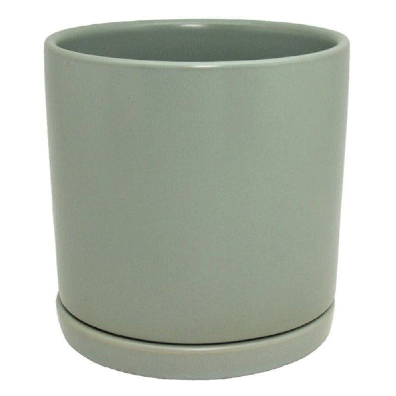 Ceramic pot in soft sage green, 15x15x15 cm, with drainage hole; perfect for houseplants and stylish decor.