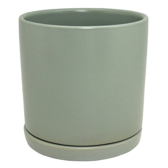 Ceramic pot in soft sage green, 15x15x15 cm, with drainage hole; perfect for houseplants and stylish decor.