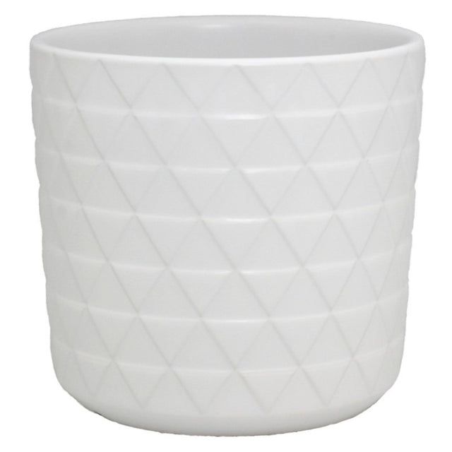 White geometric ceramic planter with drainage hole, perfect for small medium plants and elegant home decor.