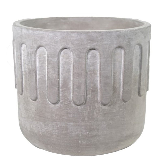 Stylish cement round pot, 18.5cm wide and 16.5cm high, perfect for plants or flowers in modern home decor.