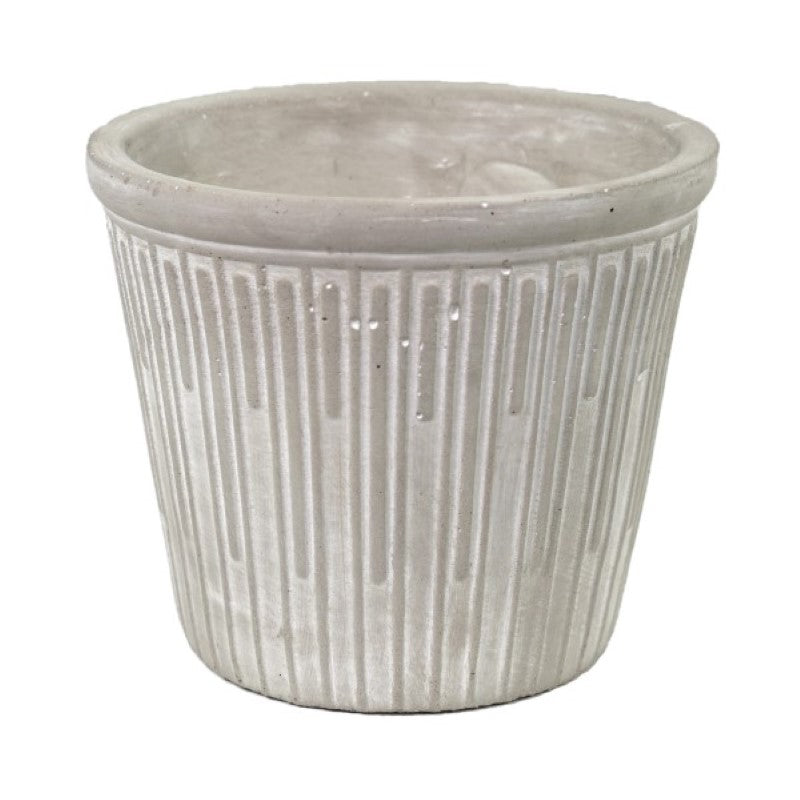Cement stripes round pot, 15x13 cm, stylish planter for indoor/outdoor decor, durable and weather-resistant design.