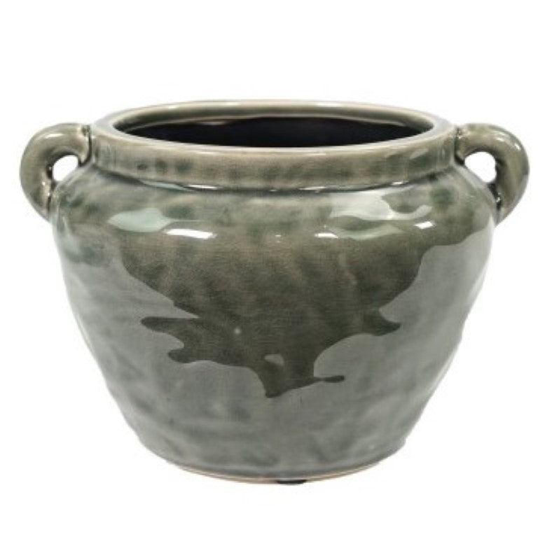 Ceramic wide-mouth vase/planter with double handles, perfect for floral arrangements or indoor plants, H13x21x18cm.
