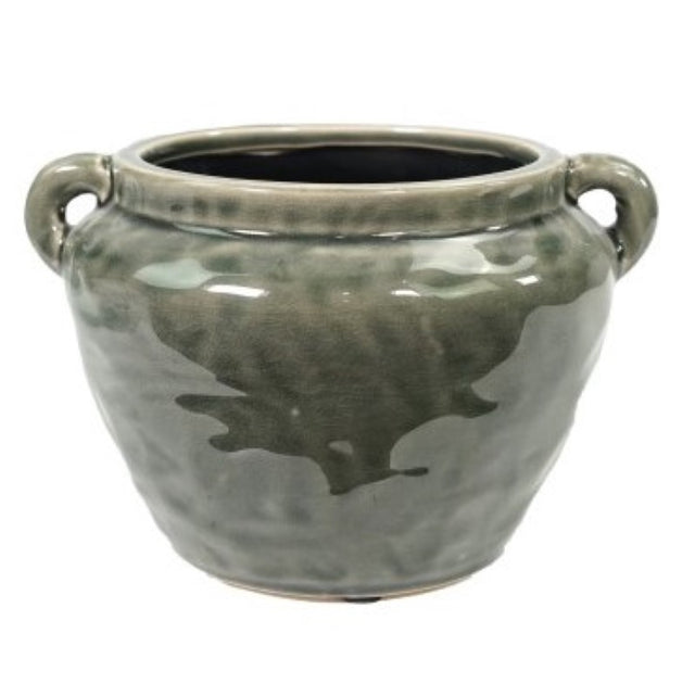 Ceramic wide-mouth vase/planter with double handles, perfect for floral arrangements or indoor plants, H13x21x18cm.