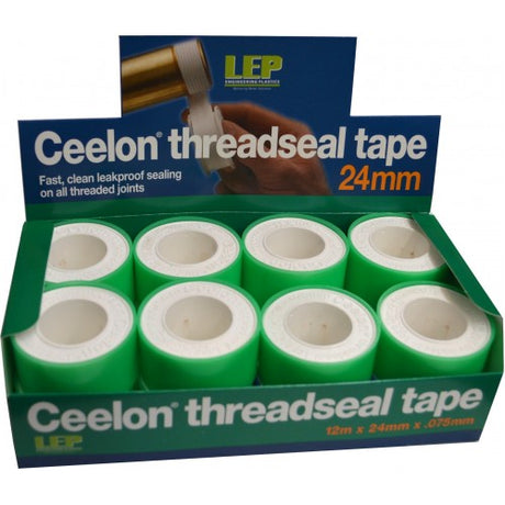 Wide 24mm PTFE thread seal tape roll, 12m long, ideal for plumbing and sealing with chemical and heat resistance.