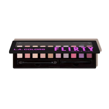 LA Colors Flirty Eyeshadow Palette featuring 10 vibrant shades, mirror, brush, and applicator for versatile eye looks.