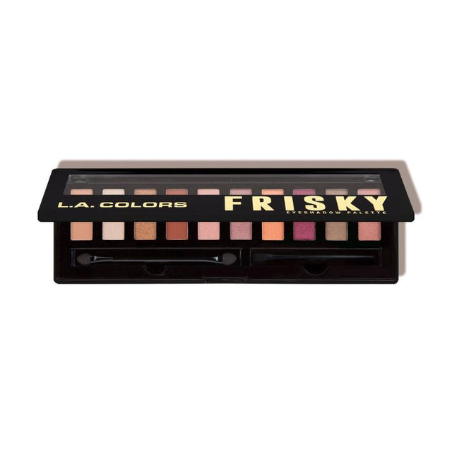 Vibrant LA Colors Frisky Eyeshadow Palette with 10 shades, brush, mirror, and dual-ended applicator for versatile looks.