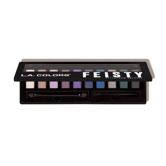 LA Colors Feisty Eyeshadow Palette with 10 vibrant shades, a mirror, brush, and applicator for playful eye looks.