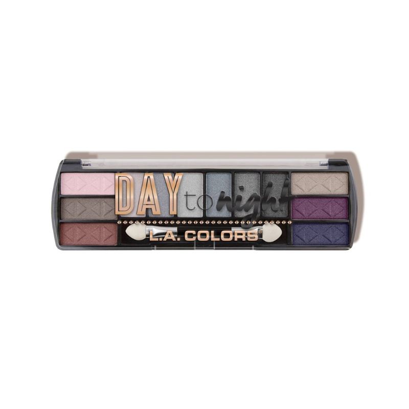 LA Colors Day to Night eyeshadow palette featuring 12 versatile shades for vibrant day looks and glamorous evening styles.