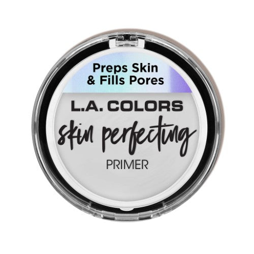 LA Colors Skin Perfecting Primer in sleek packaging, ideal for smooth, long-lasting makeup with mirror and sponge included.