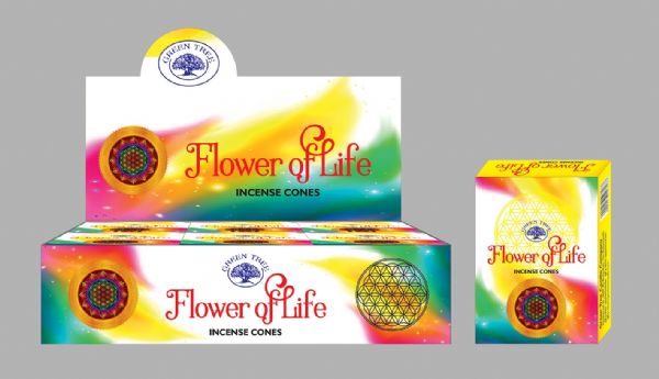 Elegant Green Tree Flower of Life incense cones in a box of 10, promoting relaxation and spiritual growth through natural scents.