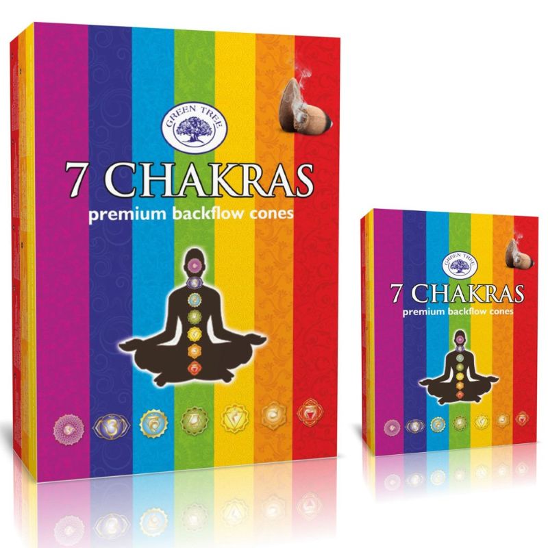 Set of 12 Green Tree 7 Chakras backflow incense cones for chakra balancing and enhanced meditation experiences.