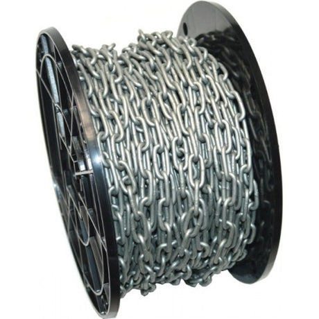 Hot dip galvanised 30m chain coil, 3x16 construction, durable for outdoor use with 70kg load capacity.