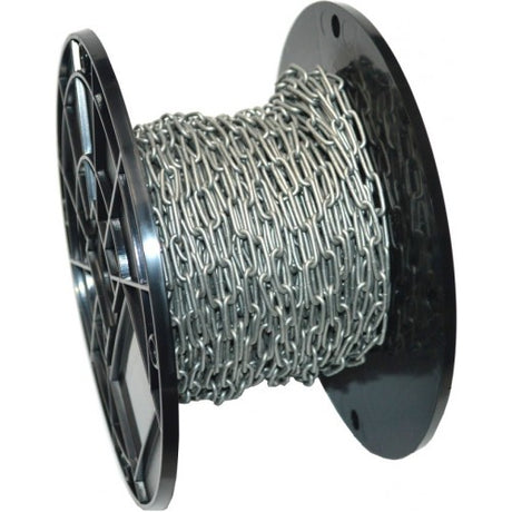 Hot-dip galvanised 30m chain coil with 2mm diameter links, rust-resistant, ideal for outdoor projects and securing items.