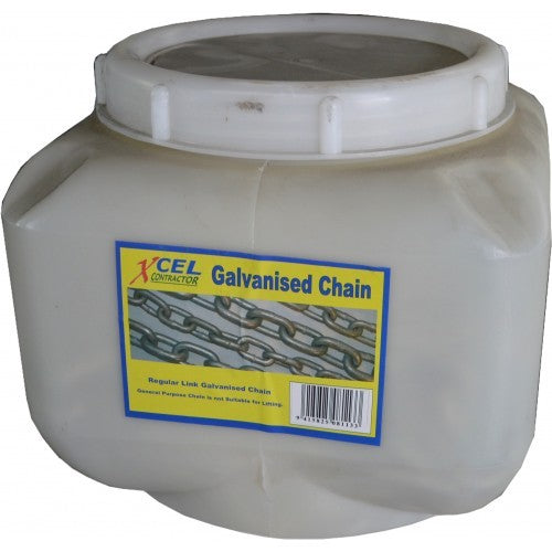 Heavy-duty 4.0mm galvanized chain in a 25 kg poly pail, stretching 80 meters for industrial strength and versatility.