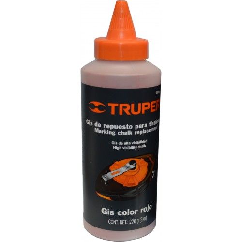 Truper 8oz red chalk line refill in a dispenser for crisp, high-visibility markings on various surfaces.