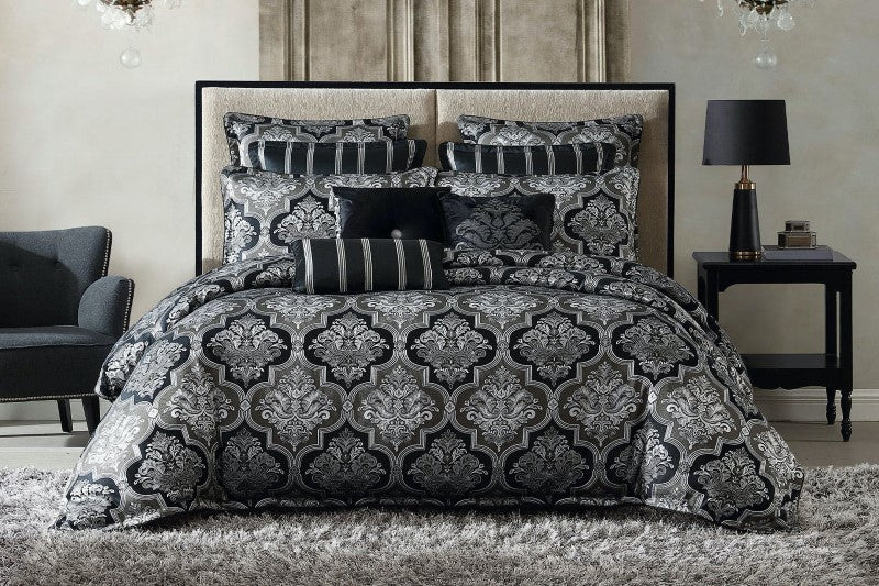 Super King Duvet Cover Set in silver with black damask motifs and luxurious self-flange, includes duvet cover and pillowcases.