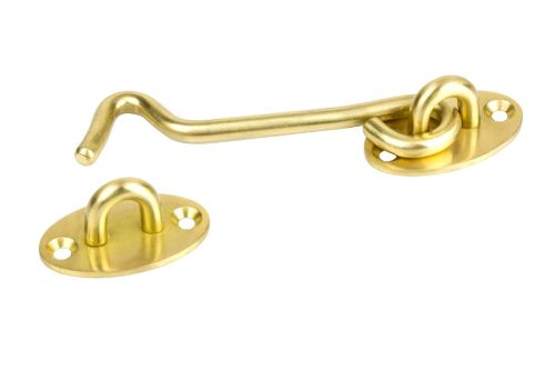 Solid brass plated cabin hook, 150mm, polished finish for secure doors and gates, elegant design for home or cabin.