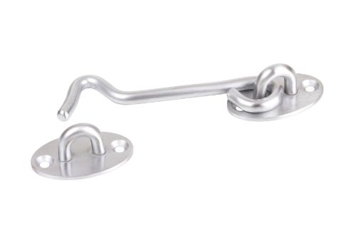 150mm solid brass cabin hook in satin chrome finish, perfect for securing doors and adding a modern touch to decor.