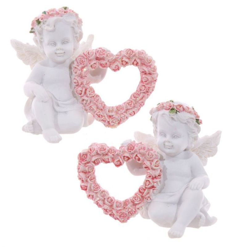 Ornament - Cherub with Pink Rose Heart (Set of 4 Assorted)