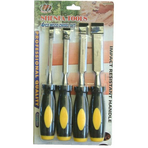 4-piece wood chisel set with plastic handles, featuring high carbon steel edges in sizes 6mm, 12mm, 19mm, and 25mm.