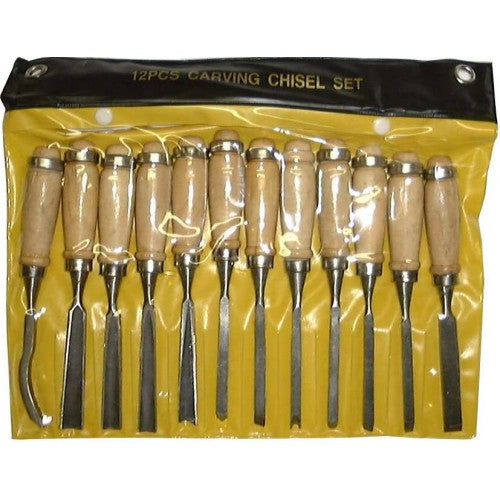 12-piece carving chisel set with durable hardwood handles, ideal for detailed woodwork, stored in a convenient roll.