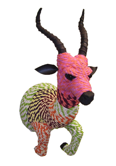 Handcrafted Chindi Springbok Trophy made from recycled paper and cotton, featuring vibrant colors and unique textures, 30 x 25 x 40cm.