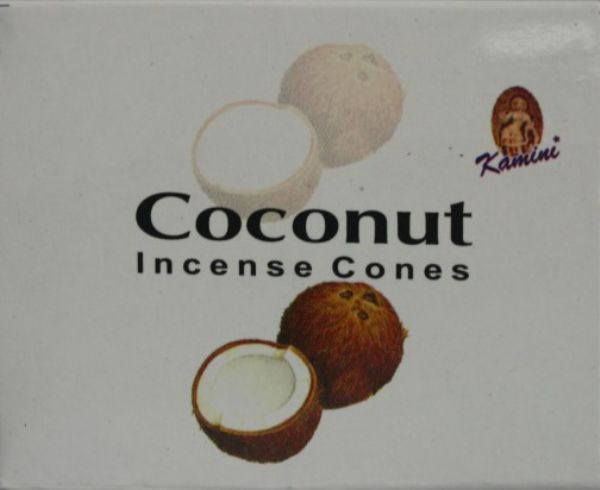 A box of Kamini Coconut Cones containing 12 packets with 10 fragrant cones each and a metal stand for elegant display.