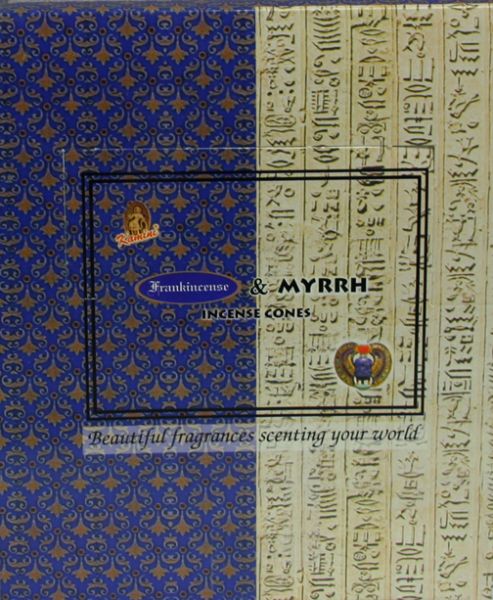 Kamini Frankincense-Myrrh Cone incense with 12 packets of aromatic cones and metal stand for relaxation and meditation.