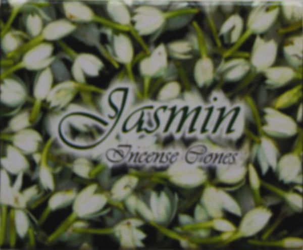 Box of Kamini Jasmine Cones with 12 packets, infused with jasmine for an aromatic ambiance and includes a metal stand.