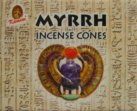 Kamini Myrrh Cones with elegant metal stand, 12 packs of 10 handcrafted incense cones for relaxation and spiritual rituals.