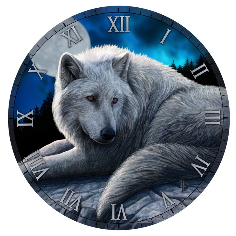 Wolf-themed wall clock by Lisa Parker, featuring vibrant colors and intricate details, perfect for nature lovers.