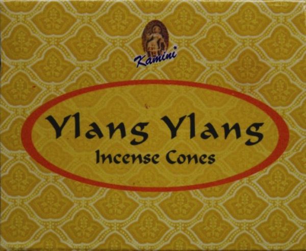 Kamini Ylang Ylang Cones box featuring 12 packets, each with 10 premium cones and a metal stand for aromatic relaxation.