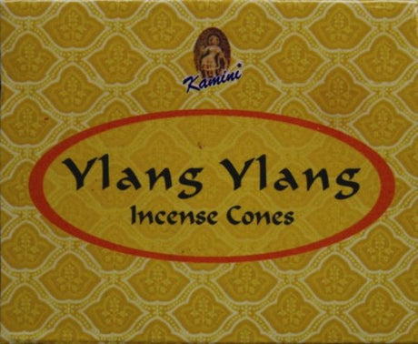 Kamini Ylang Ylang Cones box featuring 12 packets, each with 10 premium cones and a metal stand for aromatic relaxation.