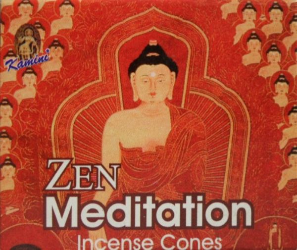 Kamini Zen Meditation Cones in a box with 12 packets, promoting relaxation and mindfulness during spiritual practices.