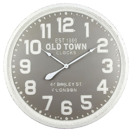 Stunning Old Town Grey wall clock made of MDF, measuring 800x800mm with hooks for easy hanging.