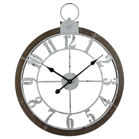 Stunning large iron wall clock with MDF, features hooks for hanging, measuring 600x700mm.