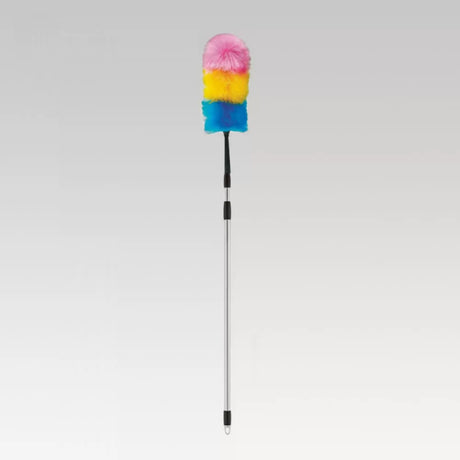 Electrostatic duster with telescopic handle, flexible head for hard-to-reach areas, ideal for dusting home and office spaces.