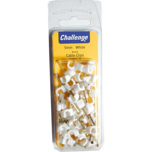 Cable clips for 5mm cables, 50 pack, features pre-installed pin for easy application and tidy cable management.