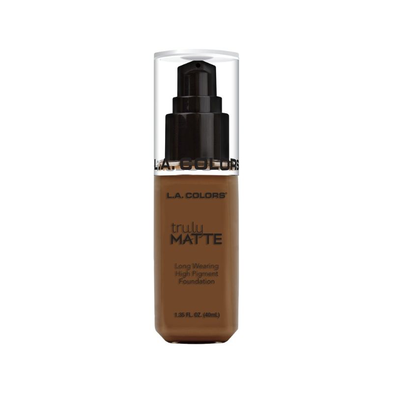 LA Colors Truly Matte Foundation in Mahogany offers high pigment, matte finish, and easy blending for flawless skin.