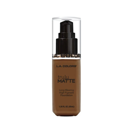 LA Colors Truly Matte Foundation in Mahogany offers high pigment, matte finish, and easy blending for flawless skin.