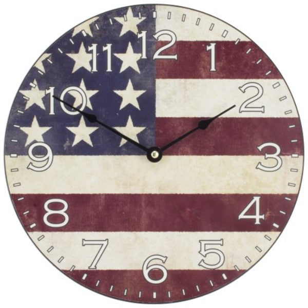 Wooden wall clock with Yankee flag design, metal hands, and quartz movement, perfect for patriotic home decor.