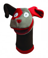 Eco-friendly Puppet Dog made from recycled fabrics, handcrafted in Canada, perfect for imaginative play in children.