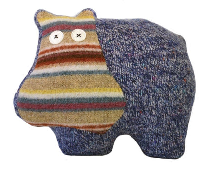 Cute stuffed Pillow Pal Hippo made from recycled fabric, doubles as a comfy pillow, perfect for kids' bedtime and playtime.